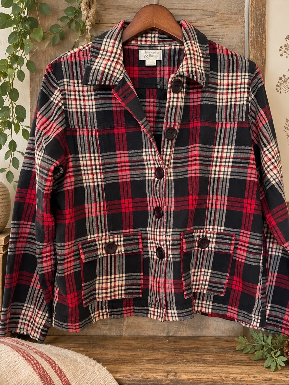 Christopher & Banks Plaid Cotton Jacket Red Black Button Front L